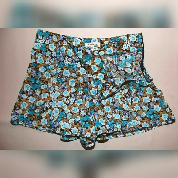 Monteau Bow on Back Floral Blue Shorts Side-Zip - Picture 3 of 4